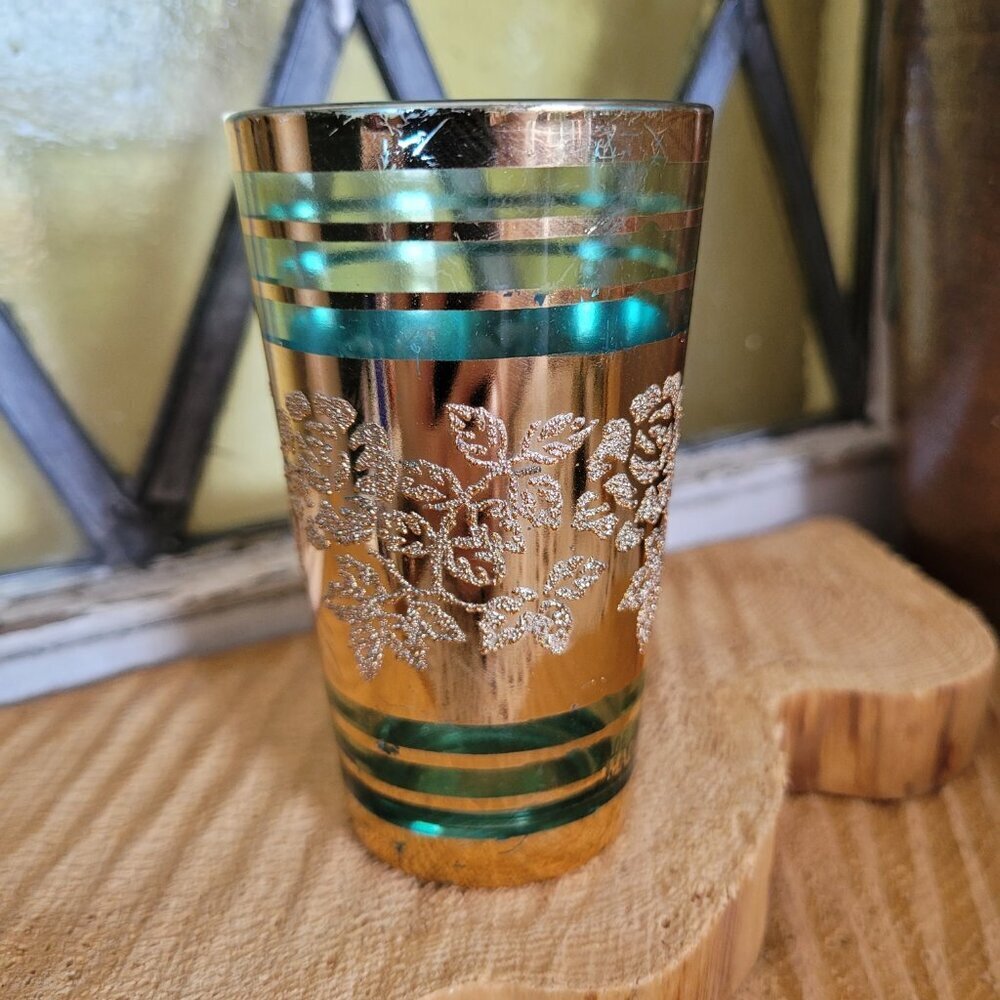12 Vintage Drinking Glasses from Korea - Orange, Turquoise & Gold Roses - Picture 13 of 15